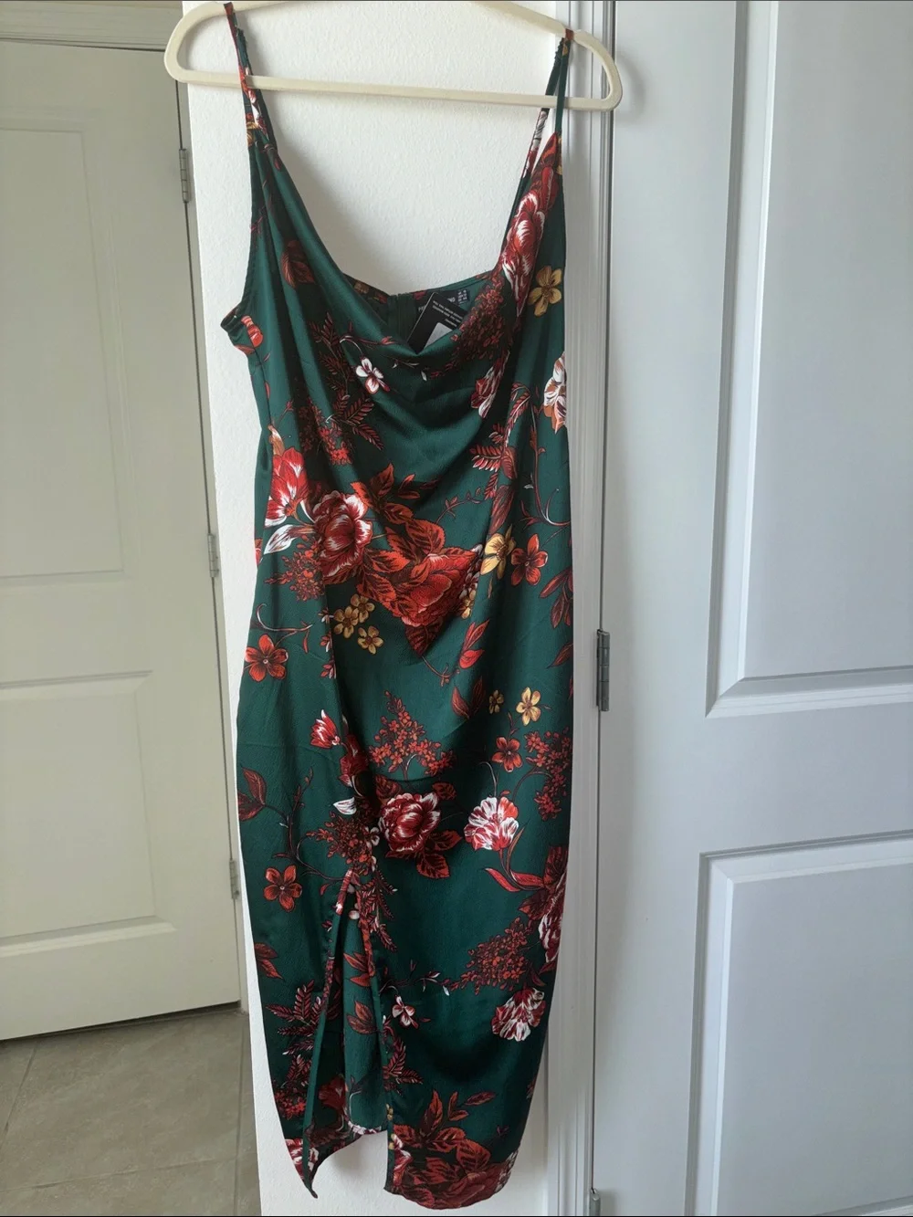 PrettyLittleThing Green Floral Cowl Neck Midi Slip Dress